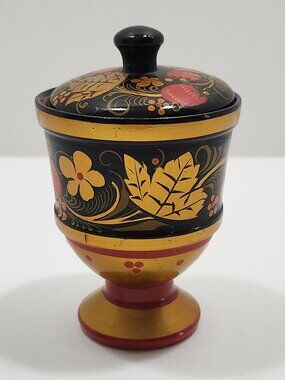 Vintage Khokhloma Hand Painted "Salt Cellar" Cup W/Lid Made in USSR